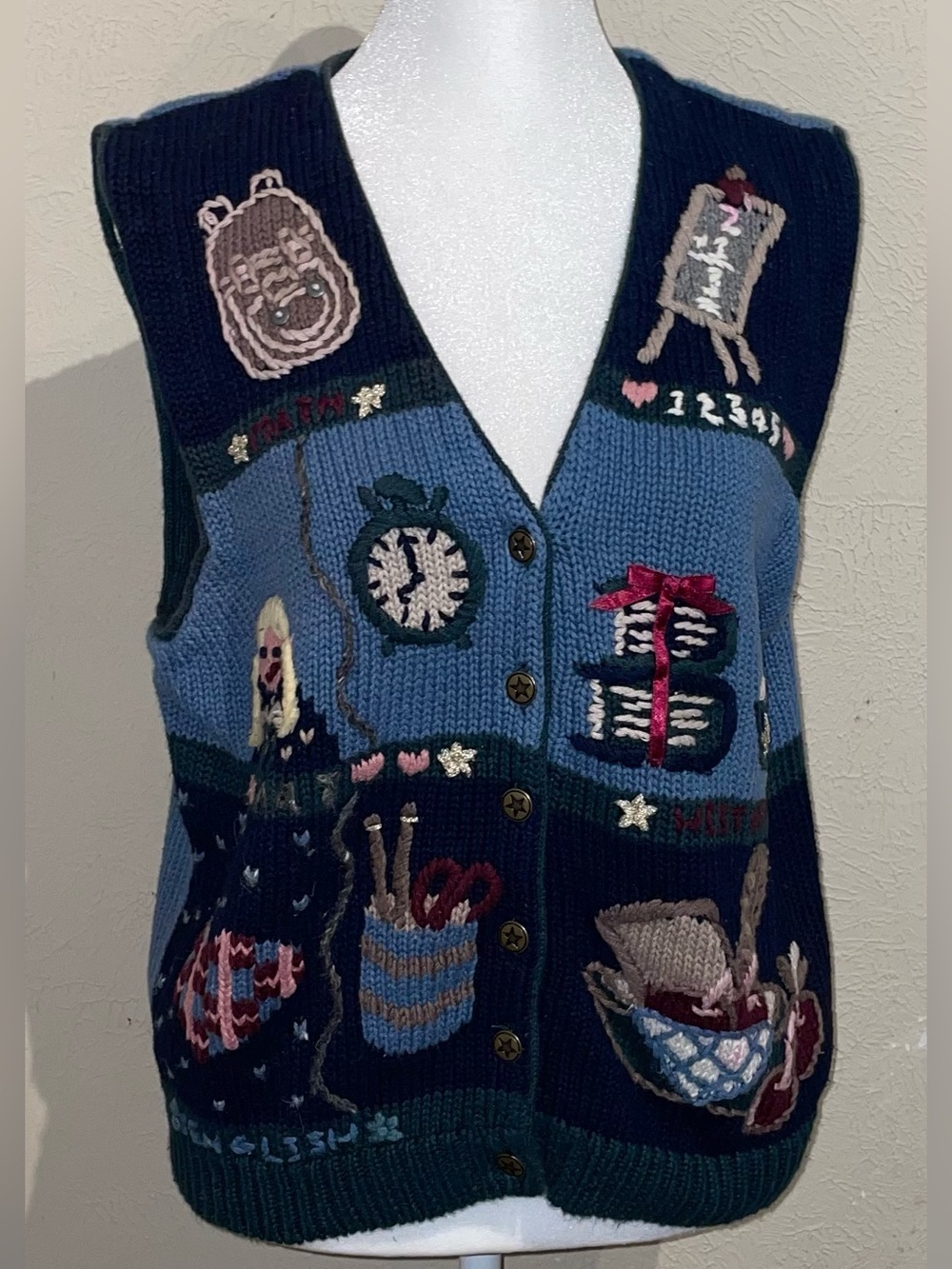 Christopher Banks Women Size L Vintage Blue Teacher Sweater Vest Back To School - Picture 2 of 9
